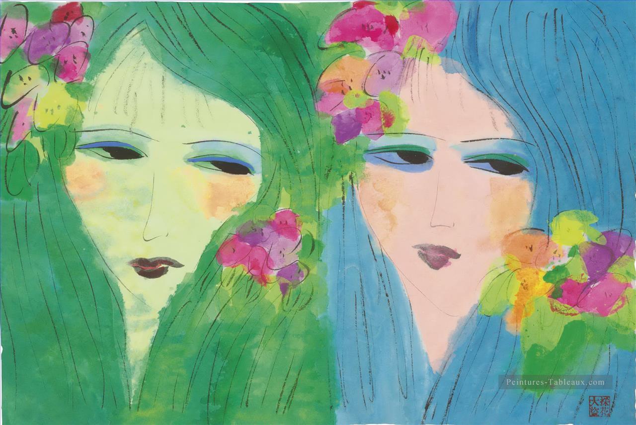 Deux dames avec des fleurs dans leurs cheveux Moderne Peintures à l'huile